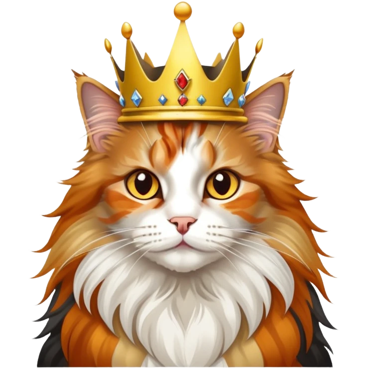 calico maine coon cat with orange, black and white patches wearing a golden crown emoji