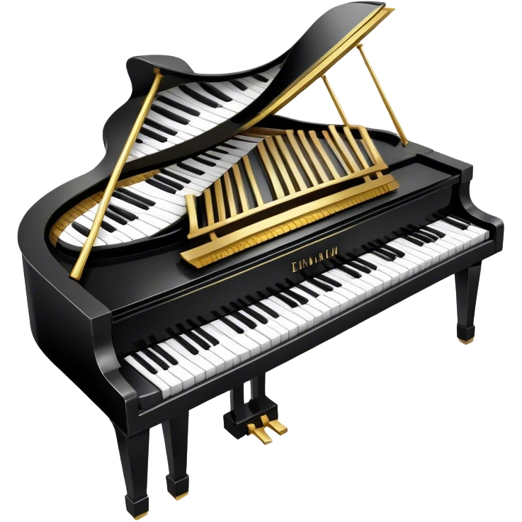 Create an elegant and festive emoji collage representing keyboard instruments, styled like a heraldic emblem. The design should feature a central focal point of black and white piano keys, arranged in a semi-circular or shield-like shape. Around the piano keys, add intertwining musical notes that form flowing ribbons, creating a dynamic and celebratory atmosphere. The design should be professional, with polished silver and gold accents on the keys and notes, highlighting the luxury and sophistication of the instruments. Add subtle shading and lighting effects to give the design a refined, 3D appearance. The background should remain transparent, and the overall feel should evoke grandeur, artistry, and a sense of celebration. emoji