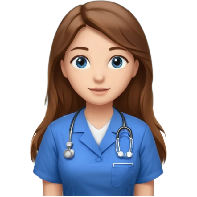 inside a classroom at university that says nursing school on the board with a pretty female nursing student with long brown hair, blue eyes emoji