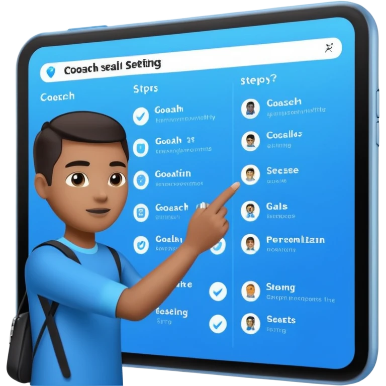 Create an image of an AI coach helping people set goals based on their hobbies. Show a person chatting with the AI, where the screen displays a list of steps and goals. Add elements of progress and personalization. Use a color palette that is associated with technology and innovation. emoji