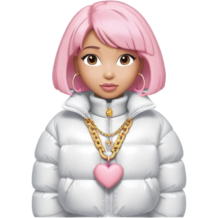 nicki minaj with a light pink bob and an all white outfit with a white puffer coat and a big oversized heart neck chain  emoji