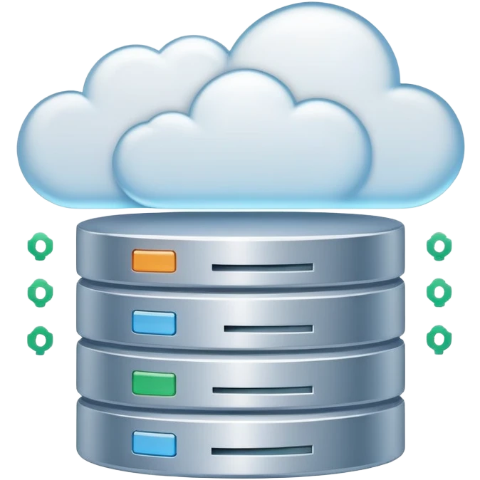 An icon featuring a database server, stacked data disks, and a cloud symbol, representing databases. The design includes binary code, a data structure diagram, and network connections, symbolizing data storage, management, and organization. Transparent background emoji