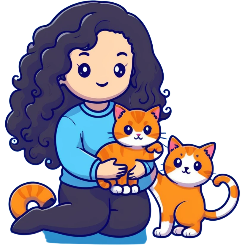 girl with long black curly hair holding a ginger cat emoji