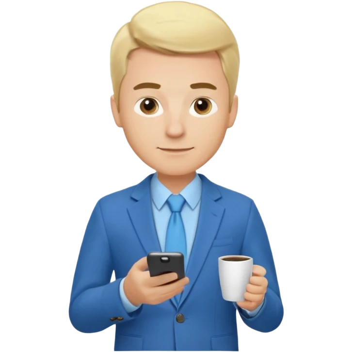 Confident male entrepreneur, Caucasian features, blonde hair, defined eyebrows, slight smile, wearing blue blazer over light blue shirt, holding a smartphone in one hand and a coffee cup in the other, waist-up, front-facing emoji