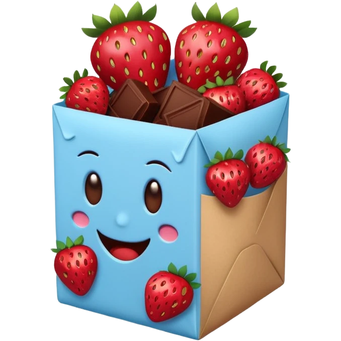 a pale blue package surrounded by strawberries dipped in chocolate, emoji style emoji