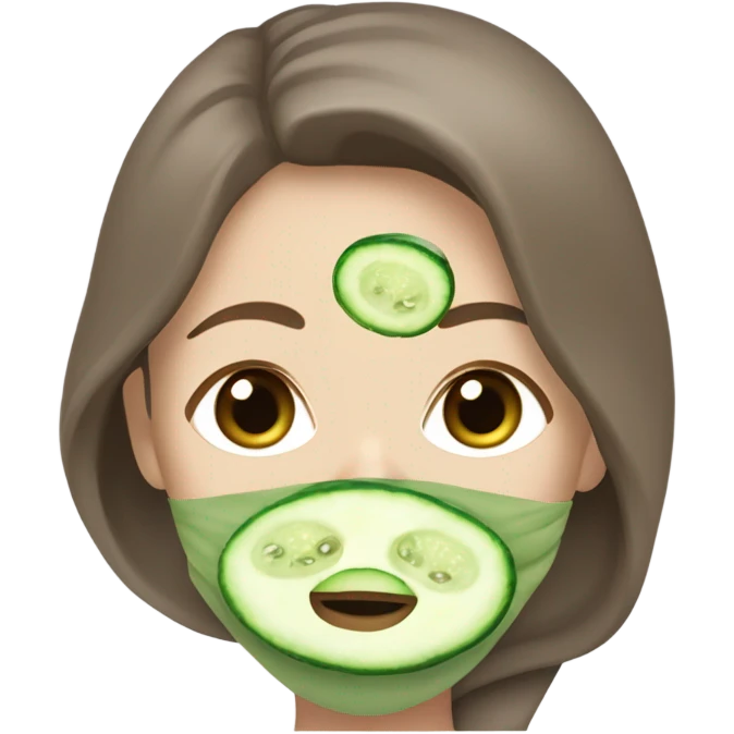 White girl with Brown hair and blue eyes wears a Green colored clay mask and puts on cucumbers around her eyes while She relaxes in her white Robe emoji