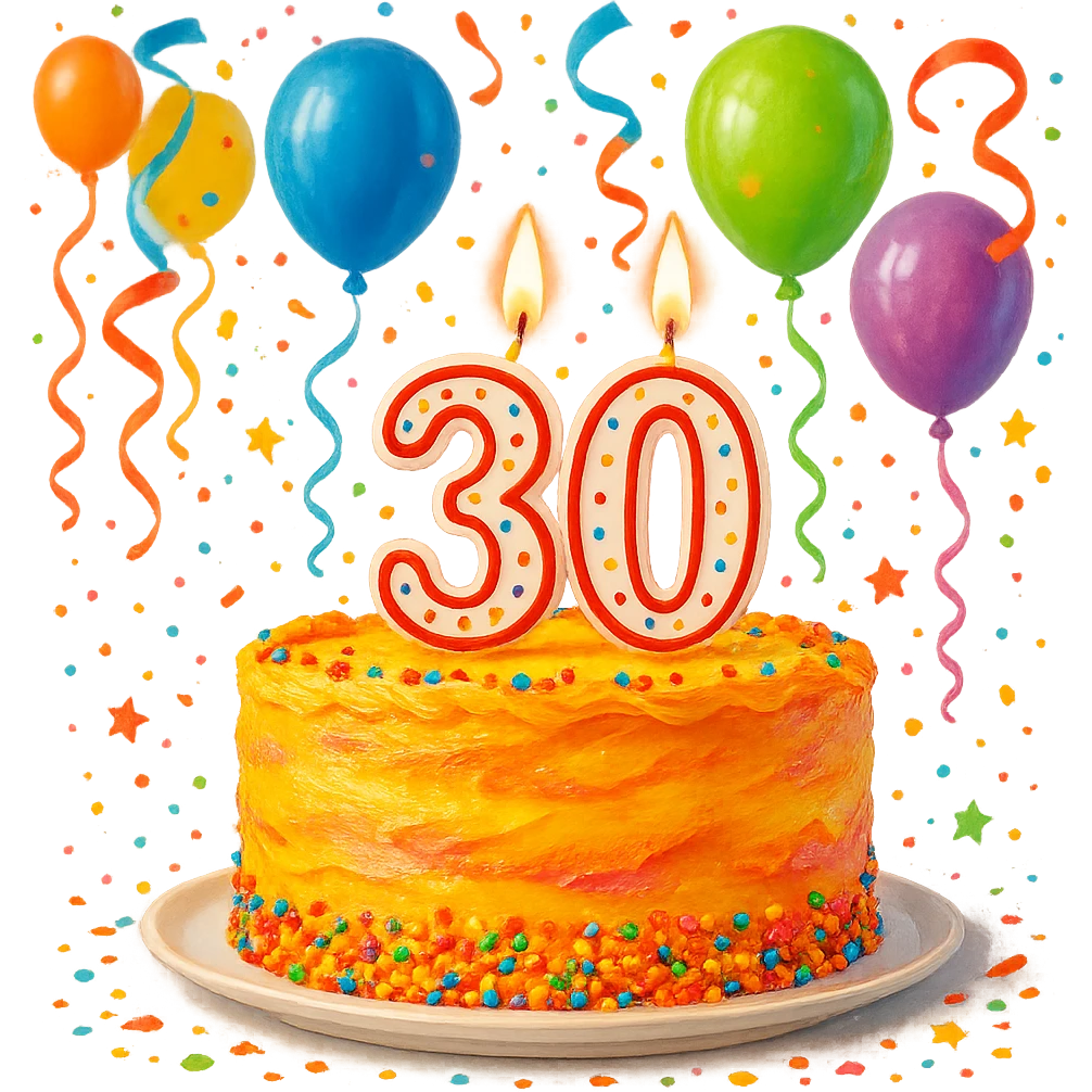 birthday cake with a candle in the form of the number 30, vibrant, party atmosphere, no text on cake emoji