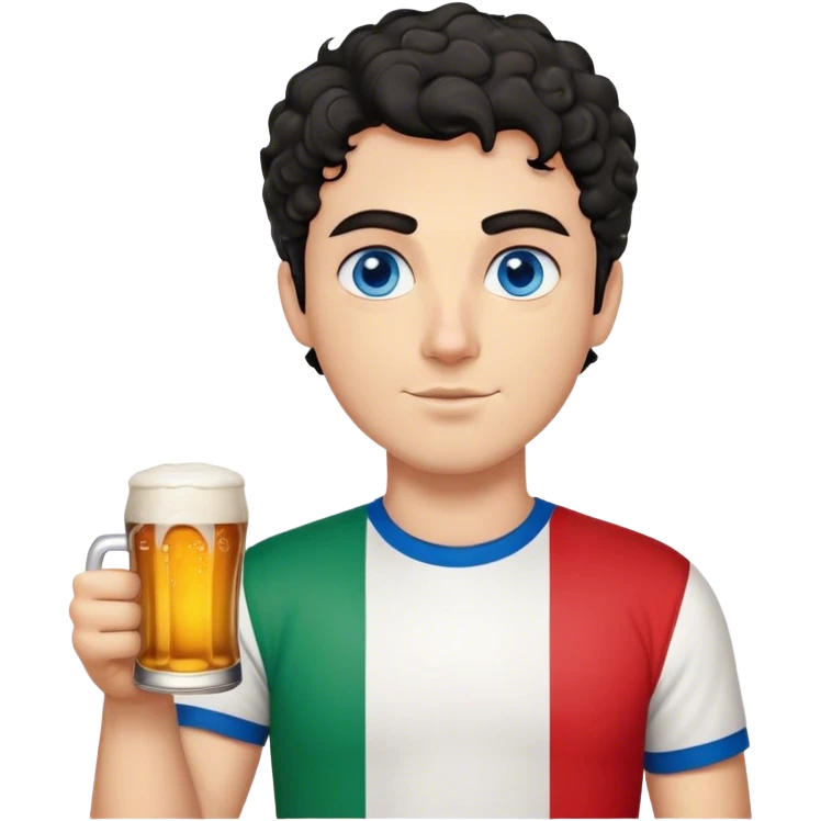 white guy thick eyebrows blue eyes with short curly black hair holding beer wearing a shirt with the italian flag emoji