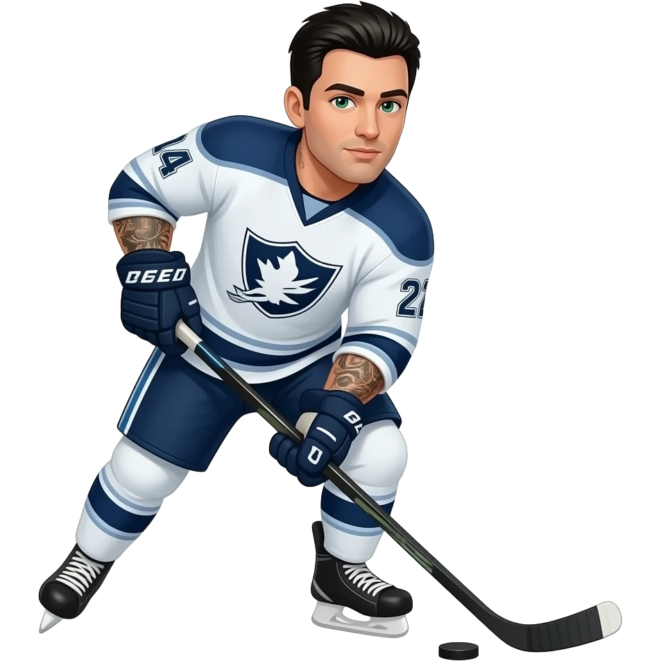 homme tatoué cheveux noirs yeux verts qui joue au hockey avec jersey de hockey emoji