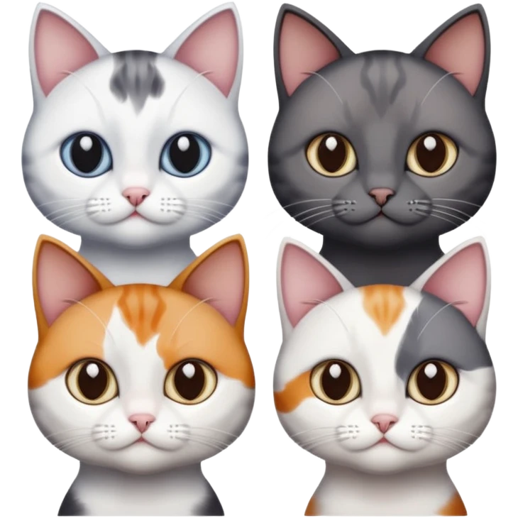 4 different coloured short haired cats including; a dark brown and white cat, and a dark grey and white, and a calico emoji