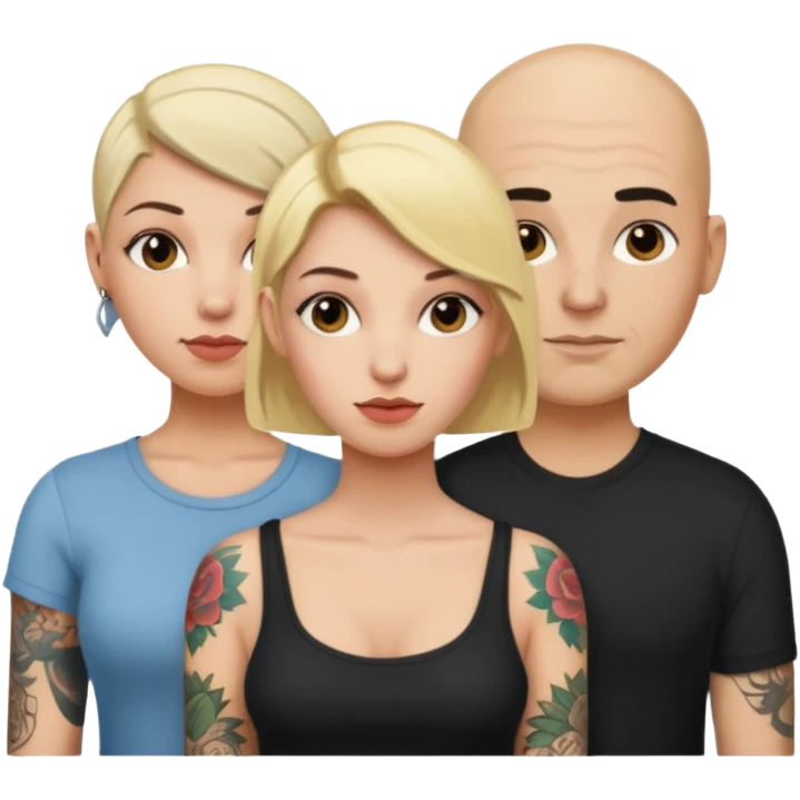 throuple blonde female brunette female with tattoed bald male emoji