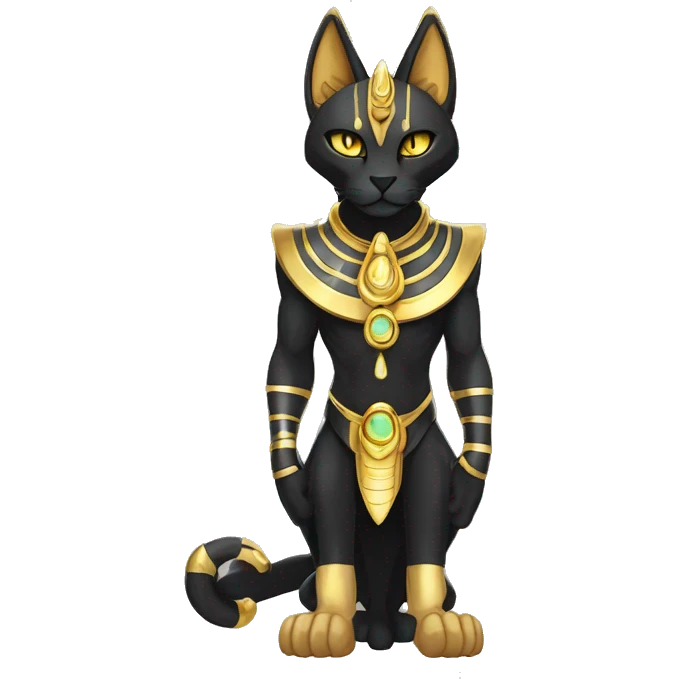 Black godly overpowered ethereal majestic Egyptian Cat-Fakemon. Golden Anubis-Rings and yellow ring-markings. Full body emoji