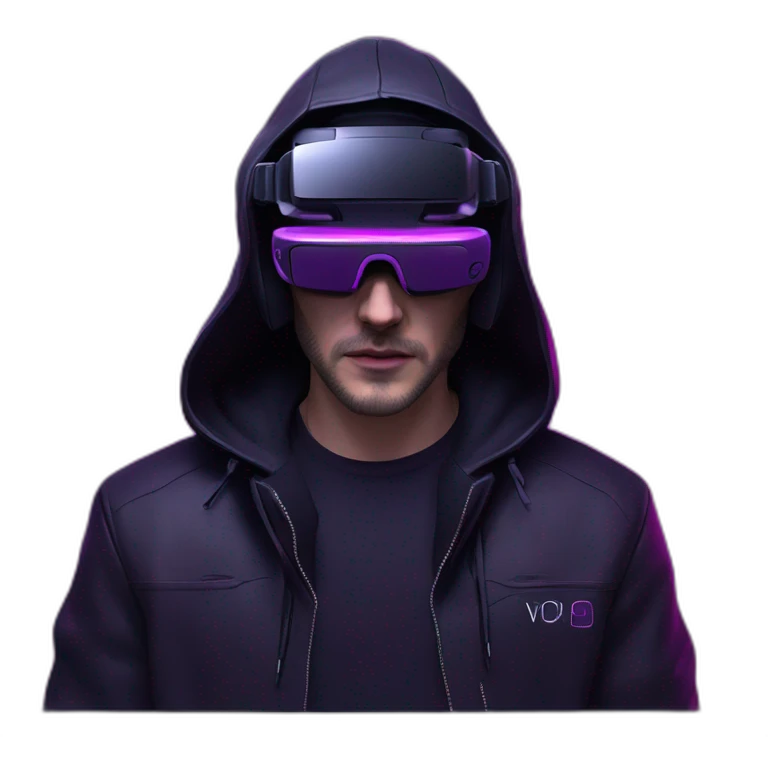 John Snow wearing a black hoodie with "OMG" letters on it and VR headset in a cyberpunk VR environment with violet neon lighting. emoji
