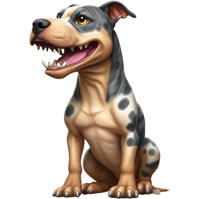 A catahula pitbull mix riding a Tyrannosaurus rex emoji