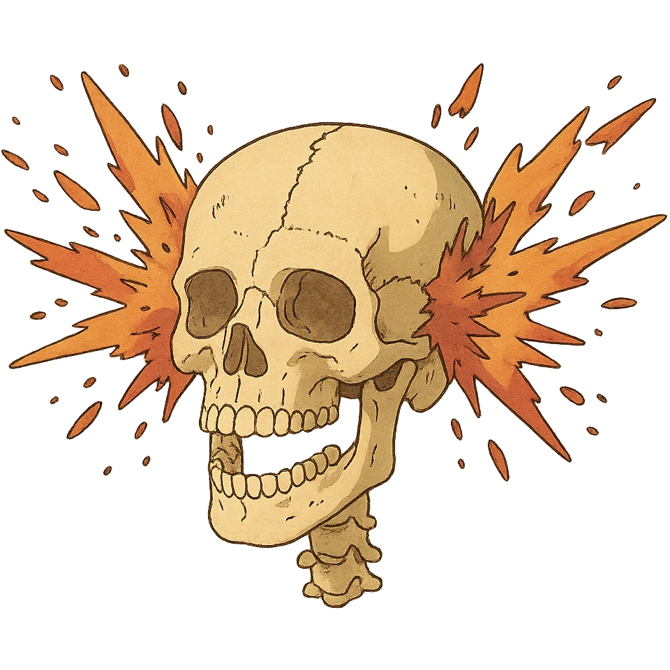 a skull exploding, anatomical diagram, front and back impact points emoji