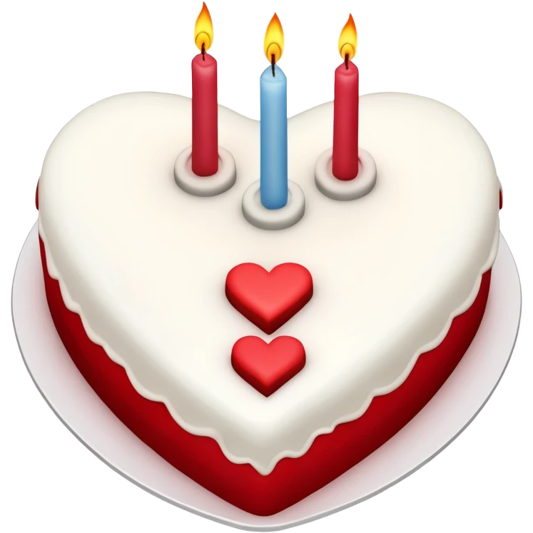 Red heart shaped birthday cake, top view, 4 candles emoji