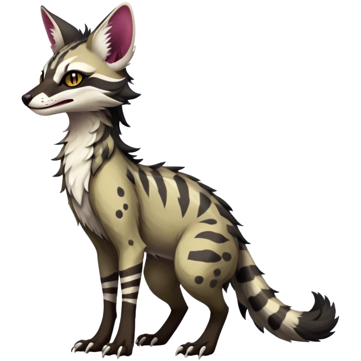 Feral Rare Fantasy dark vibrant Vernid-Sergal-Genet-Trico-species by LiLaiRa, random markings, tufted tail, tufted ears, full body emoji