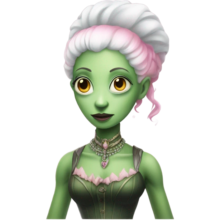 a green amazon alien woman in Victorian white gold pink hair full body  emoji