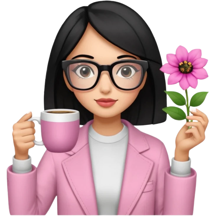 Chica de pelo negro ojos negros y piel morena con lentes oversize square con ropa bonita m pantallas pequenas de cristal , en la mano derecha una taza de cafe en color rosa con una flor negra de diseno. Sentada mirando la television. emoji