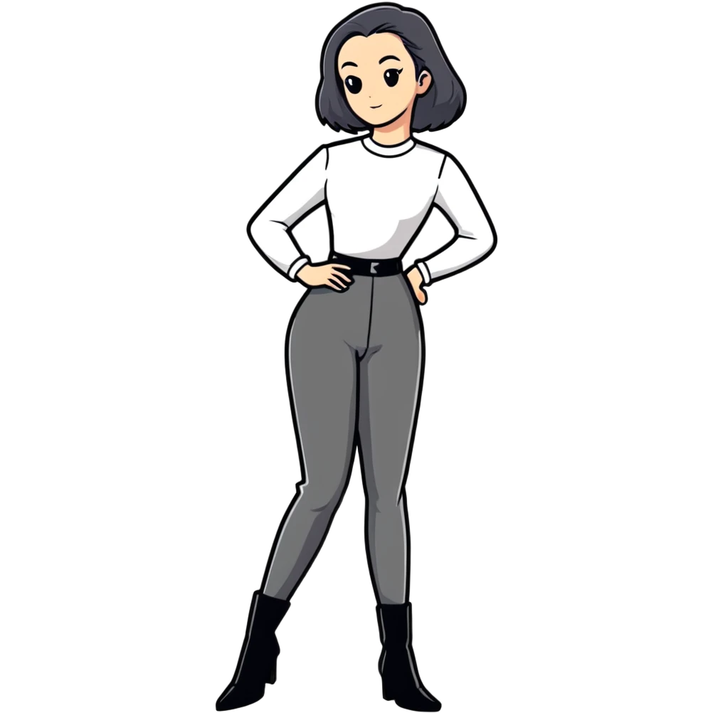 female character with oval-shaped flat-top head wearing tight black pants and black medieval high-heeled boots emoji