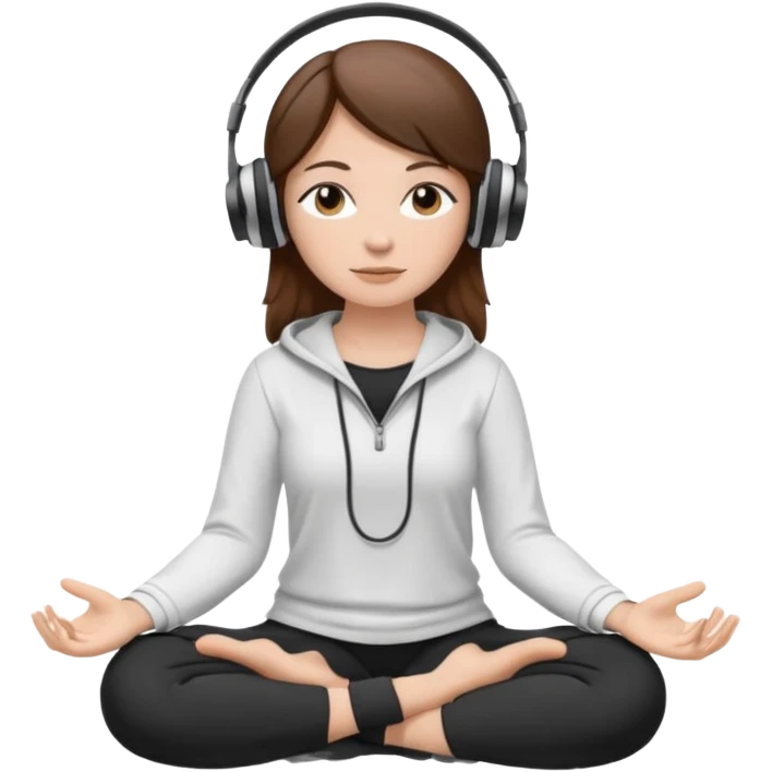 White girl, brown hair meditating with headphones on and black and white clothes emoji