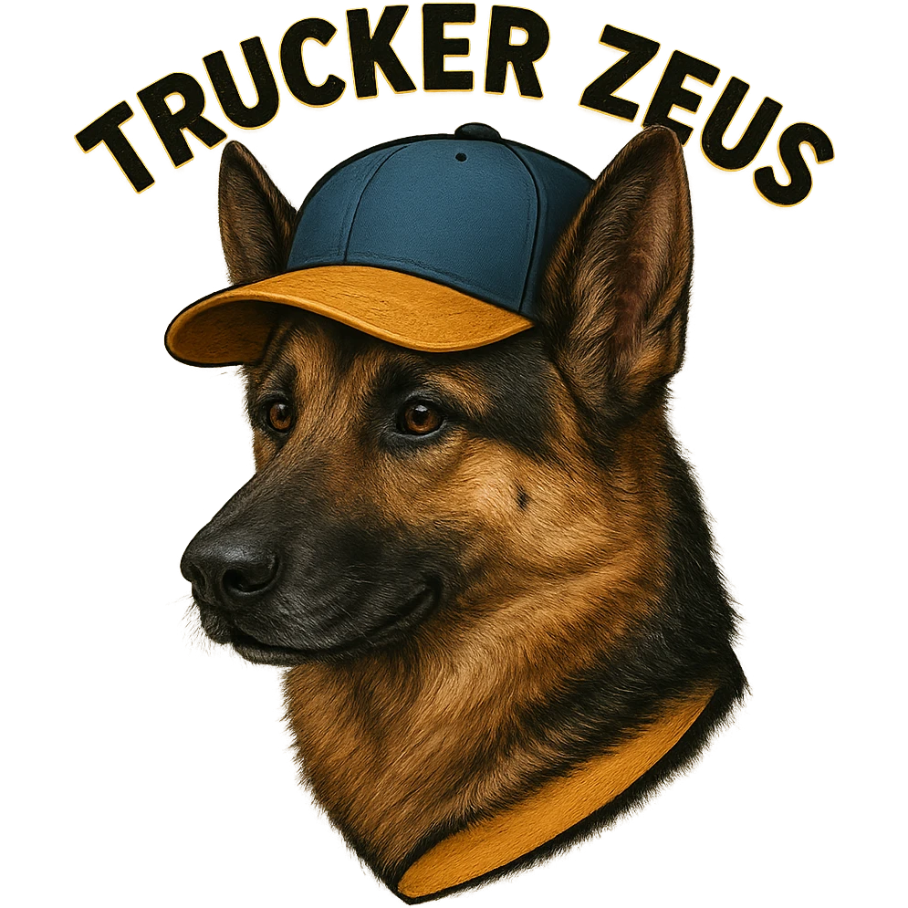 Make the German Shepherd dog more realistic, keep the words 'Trucker Zeus' over top, preserve the original style. Remove the background. The original style is a detailed illustration with text overlay. emoji