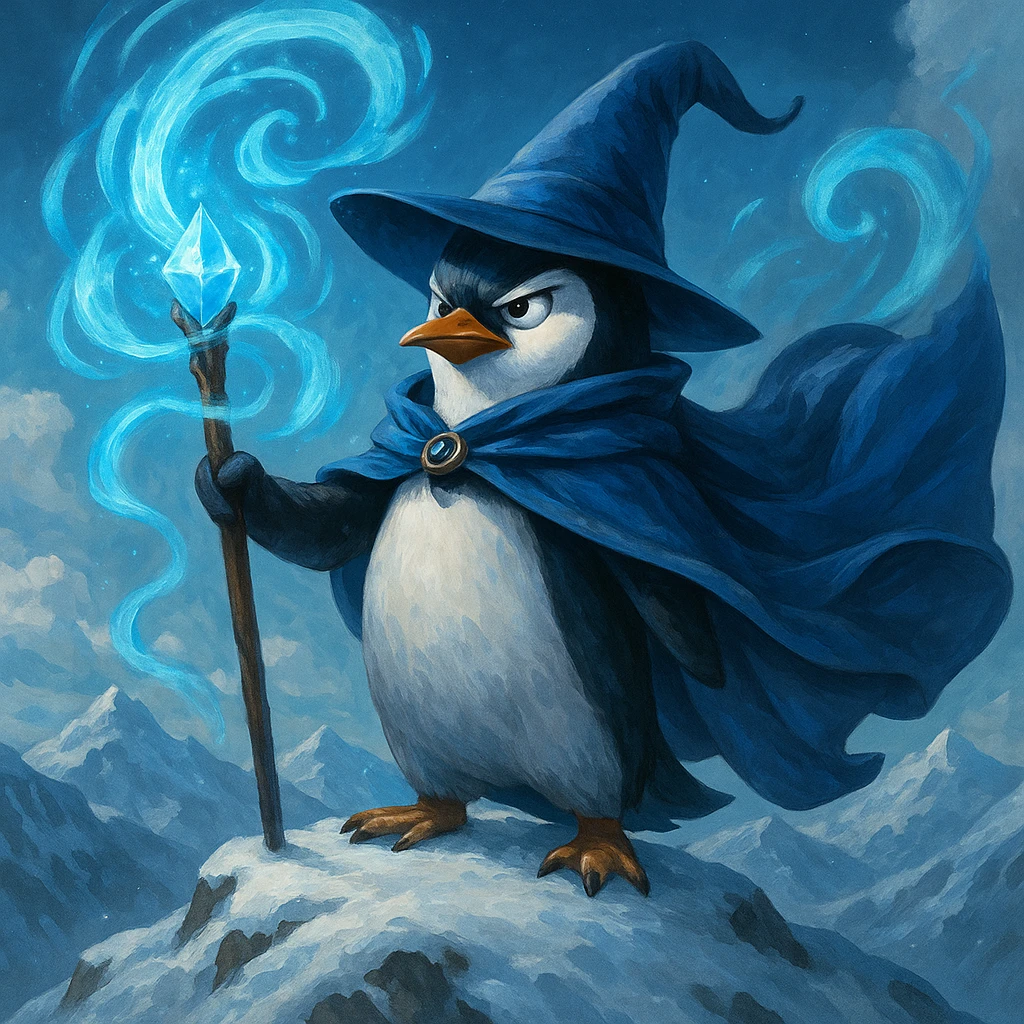 a heroic penguin wizard with a flowing cape, icy blue magic swirling around, standing on a snowy mountain emoji