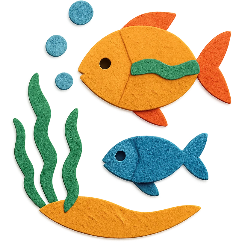 underwater ocean scene with fish, seaweed, and bubbles in vibrant colors in paper-craft style emoji