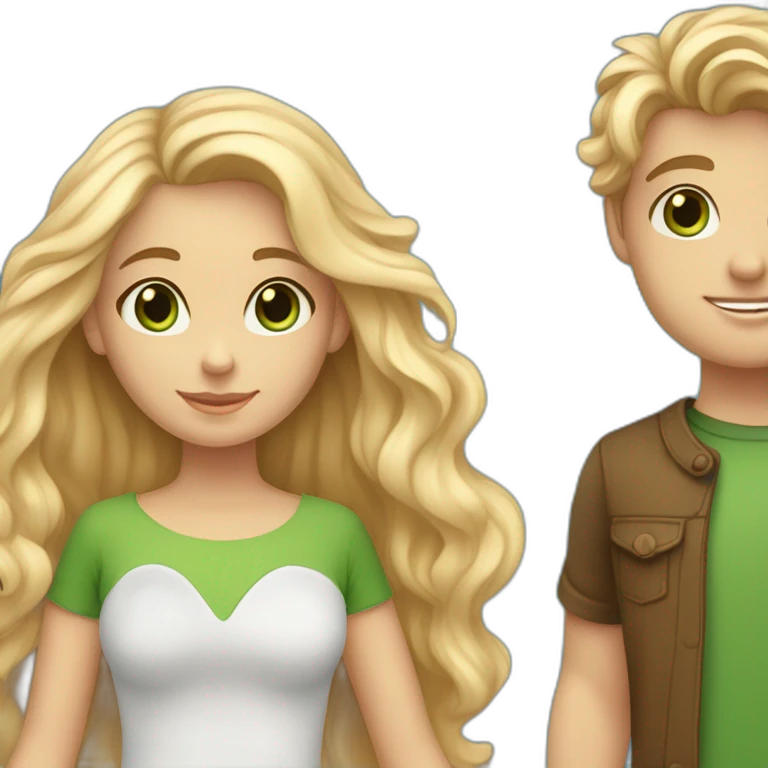 “blonde girl with tan skin and blue eyes” holding hands with “tan boy with long curly brown hair and green eyes” emoji