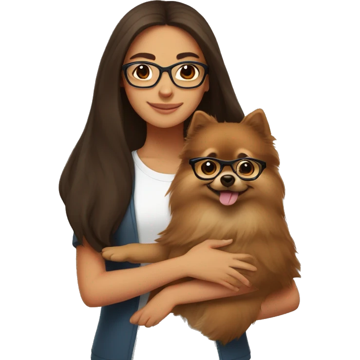 Hispanic girl with long Brown hair with glasses hugging  brown Pomeranian  emoji
