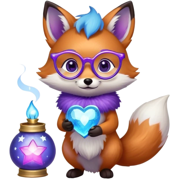 A small magical fox with shimmering purple and blue fur, a glowing fluffy tail, a silver star on its forehead, and round glasses, holding a tiny magical lantern, with heart-shaped eyes, looking in love. 🦊😍 emoji