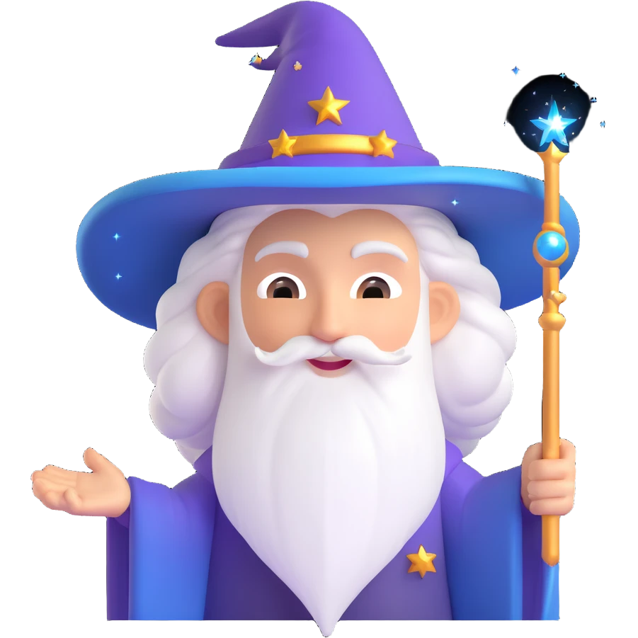strange wizard, memoji style, with wild hair and magical sparkles emoji