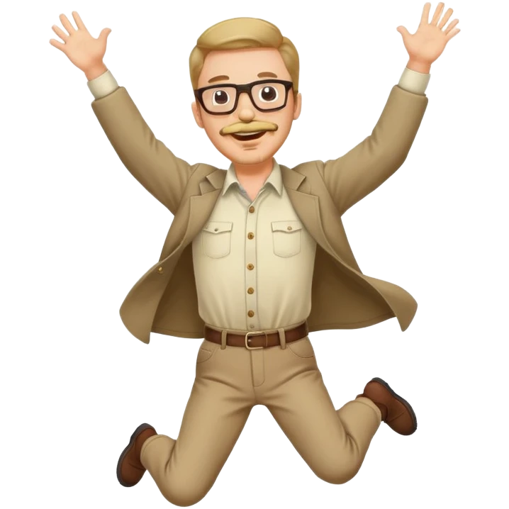  Man with mustache and goatee and glasses Jumping with joy with 2 arms and 2 legs  emoji