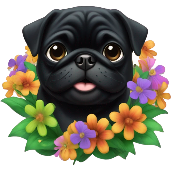 Black pug , surrounded by flowers, holding a green sign that says “good luck”  emoji