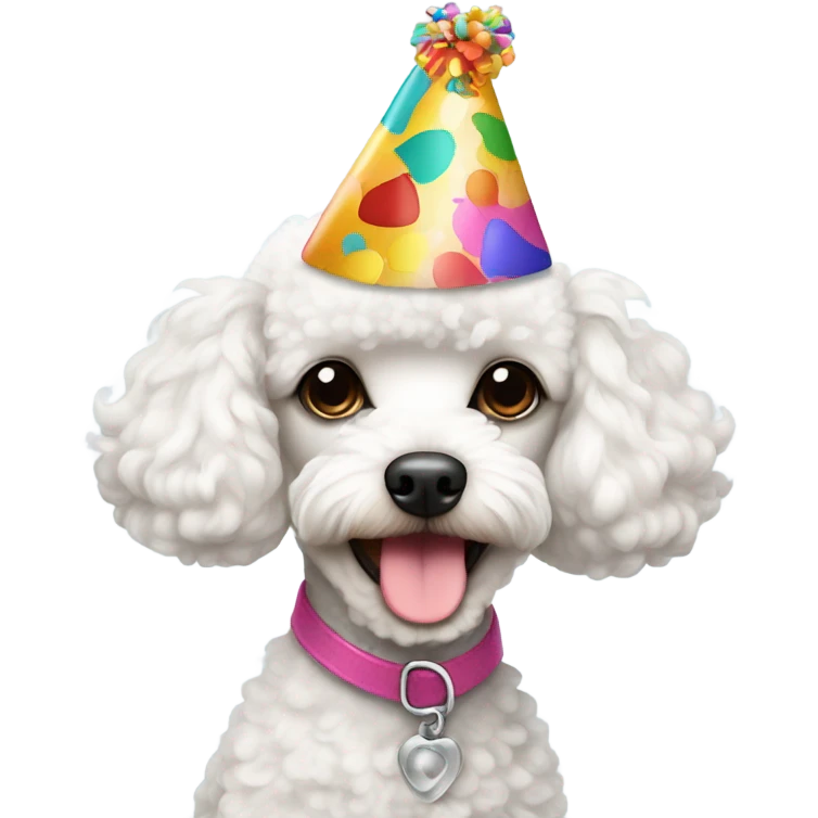 White Toy poodle wearing birthday hat emoji