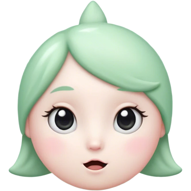 A cute, light green animated character with big round black eyes, a small white mouth, and rosy cheeks. The character has a unique upward-curving white tuft on its head. It stands against a soft pastel green background with a small white star to its left.  emoji