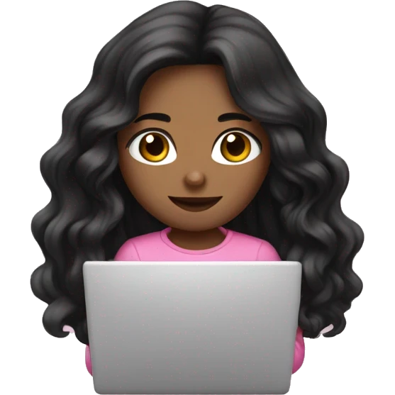 Beautiful girl,Black wavy long hair, Black eyes,Chinese, wearing pink typing on laptop,  emoji