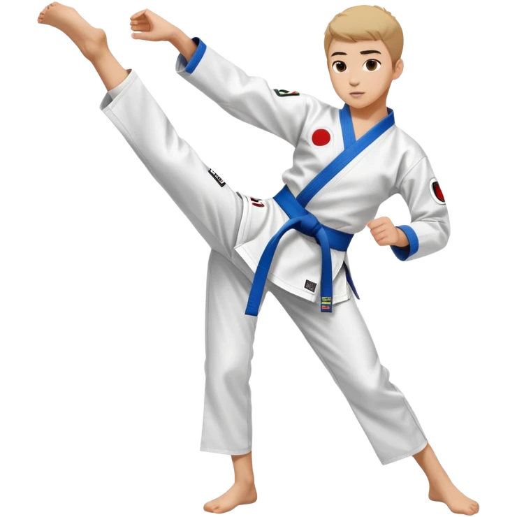 teenager performing a high kick in a white Tae Kwon Do uniform with a colored belt emoji