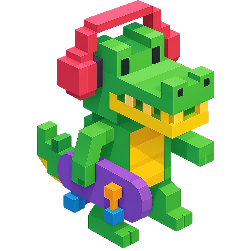 crocodile with headphones holding a skateboard, isometric view, voxel style emoji