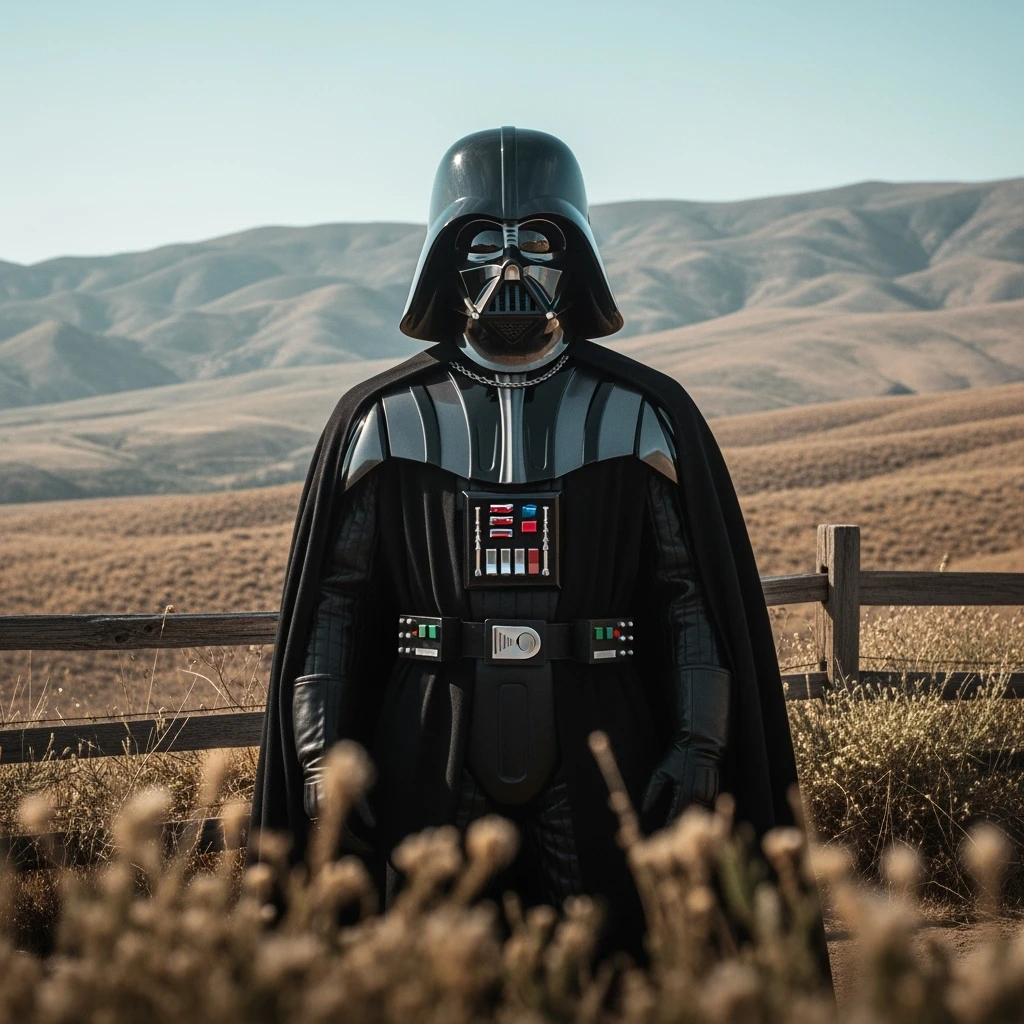 A portrait of a Darth vader in the foreground, blurred plants in the foreground (close to the camera), a wooden fence in the midground, rolling hills in the background, cinematic depth of field, layered composition, natural lighting emoji
