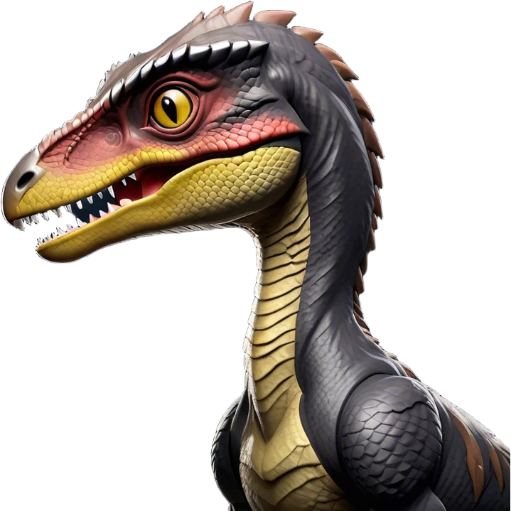 Cinematic Noble jurassic park Velociraptor Portrait Emoji, Poised and menacing, with a sleek, muscular build clad in dark, scaly skin reminiscent of jurassic park Park’s iconic raptor, a sharply curved snout and piercing, intelligent eyes that exude predatory cunning, Simplified yet boldly defined features, highly detailed, glowing with a cool, ominous radiance, high shine, intelligent and relentless, stylized with an air of cinematic prehistoric authority, focused and alert, soft glowing outline, capturing the essence of a watchful and confident jurassic park Velociraptor that appears ready to dash out of the screen with effortless power! emoji