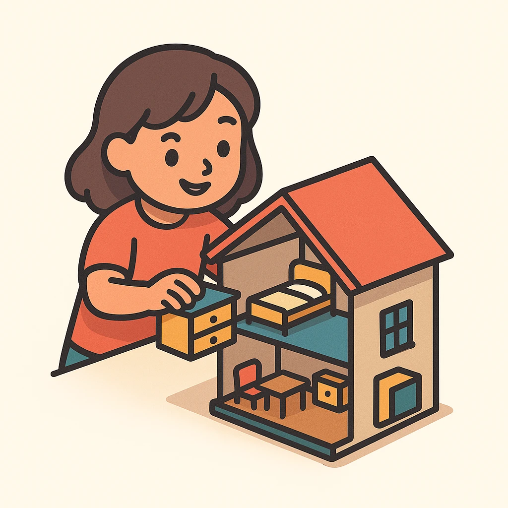smiling girl arranging furniture in doll house emoji