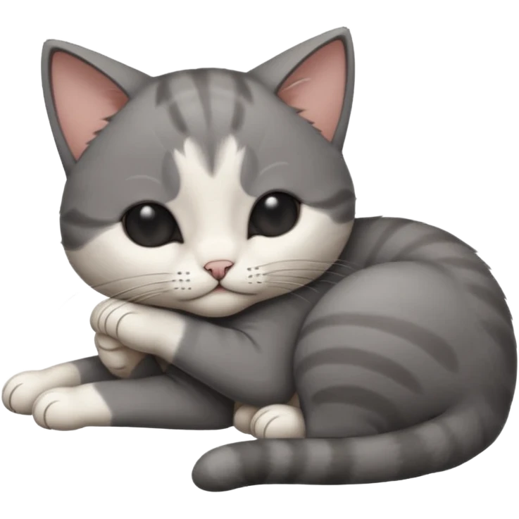 dark grey and white small cat with his eyes closed, leaning his head on his paw while leaning on his elbow lying down emoji