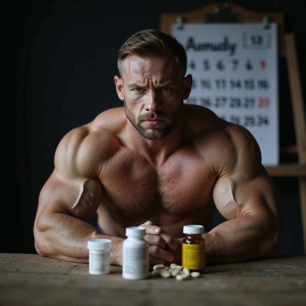 realistic muscular bodybuilder man with defined and dry muscles, serious expression, supplements and medical vials on table, behind him calendar with 12 months visible, dimly lit gym background with dramatic lighting, signs of tiredness on face emoji