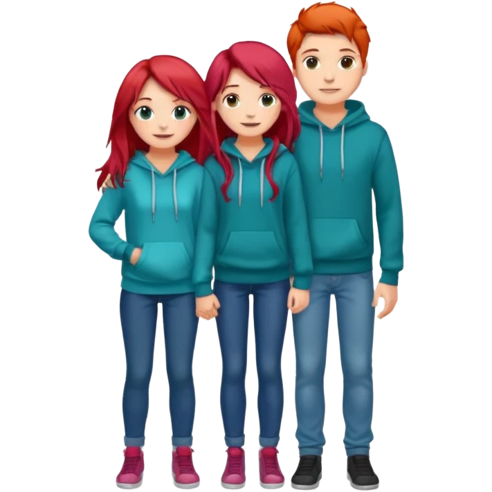 full-length happy couple, girl with long teal hair and brown eyes in colorful sweater, boy with red hair in jeans and hoodie emoji
