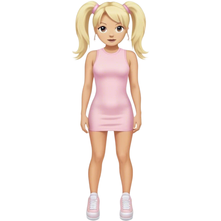 Emma Bunton with long blonde ponytails wearing light pink bodycon dress with white platform sneakers emoji