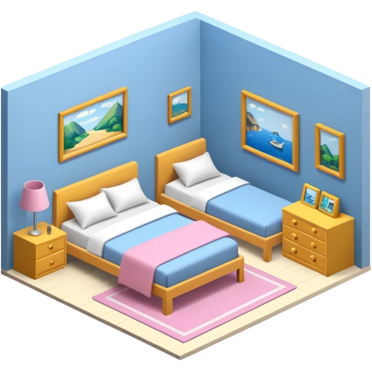 13 year old girls ultra realistic, ultra detailed large 3D view of bedroom, interior isometric emoji
