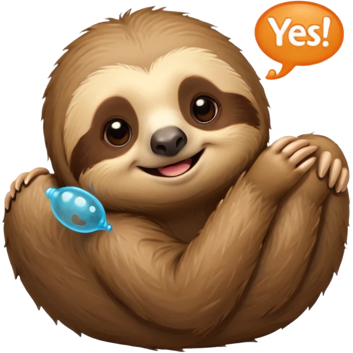 A laying down sloth saying yes in a talking bubble emoji