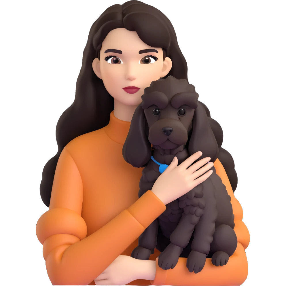 Kendall Jenner with long dark hair holding a brown poodle and a black schnauzer emoji