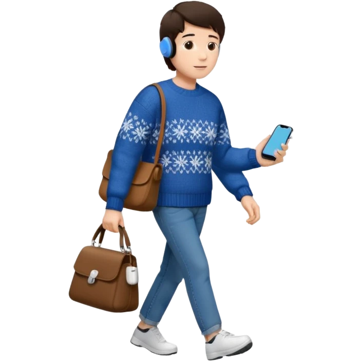 걷고 있는 사람
옷은 겨울에 어울리는 니트와 하의를 입었고 숄더백을 매었다.
머리카락 색깔은 어두운 갈색, 풀은 긴머리를 하고 있다 
귀에는 애플의 에어팟이 착용되어 있다 emoji